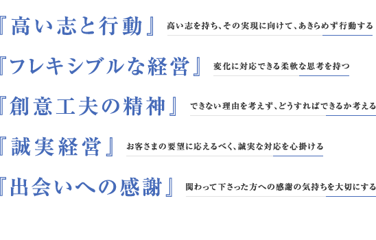 『高い志と行動』　『フレキシブルな経営』　『創意工夫の精神』　『誠実経営』　『出会いへの感謝』